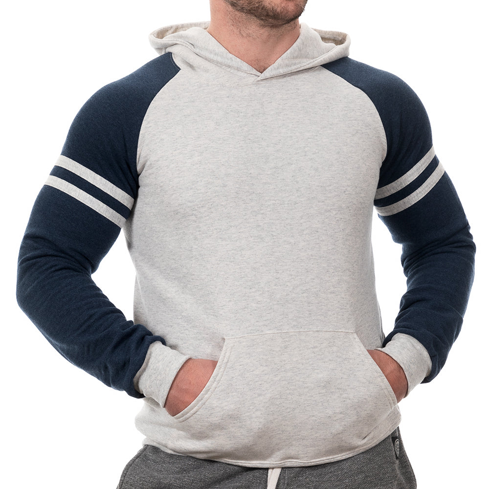 White Heather &amp; Navy Varsity Stripe Popover Hoodie