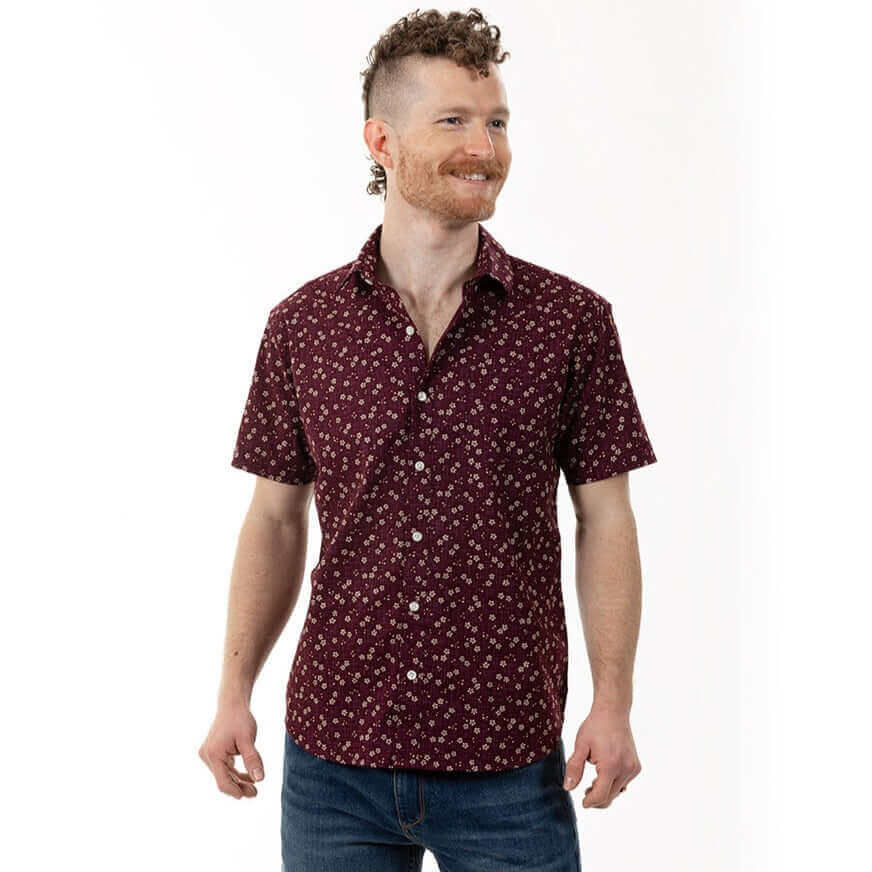 JAMISON Short Sleeve Shirt in Mulberry Purple Japanese Floral Print