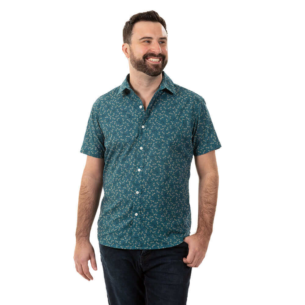 TEDDY Short Sleeve Shirt in Teal Green Japanese Dragonfly Print