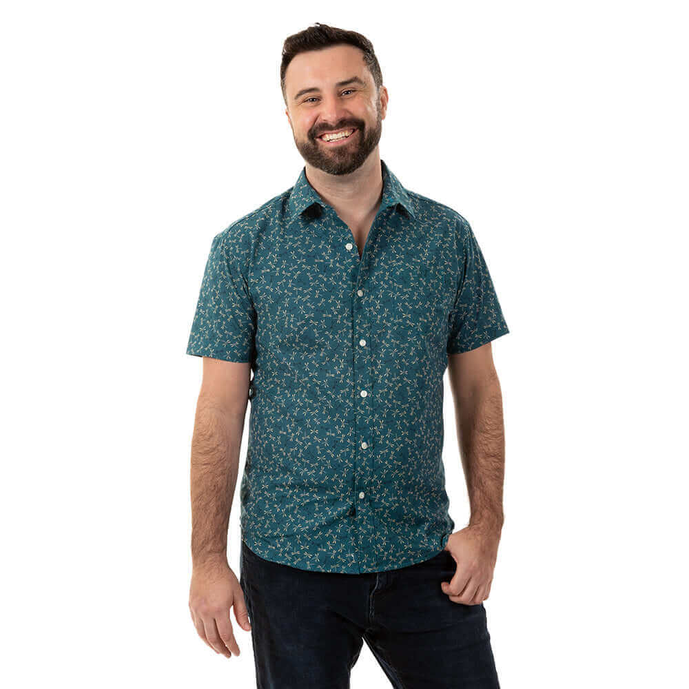 TEDDY Short Sleeve Shirt in Teal Green Japanese Dragonfly Print