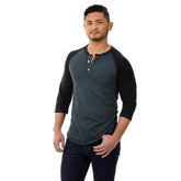 Tonal Blue/Black Contrast 3/4 Raglan Sleeve Tri-Blend Henley Shirt