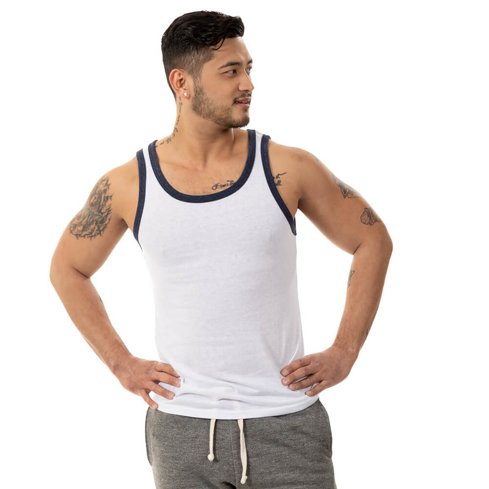 White &amp; Navy Tri-Blend Varsity Tank Top