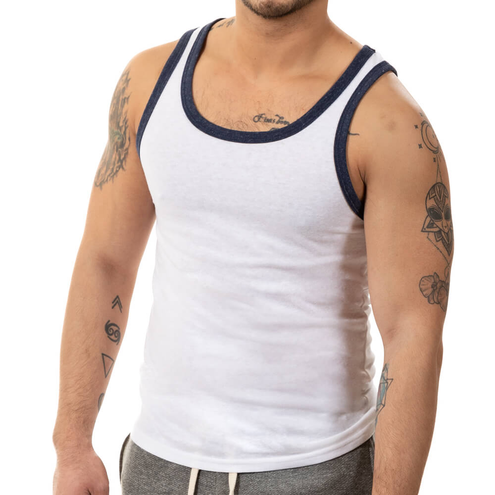 White &amp; Navy Tri-Blend Varsity Tank Top