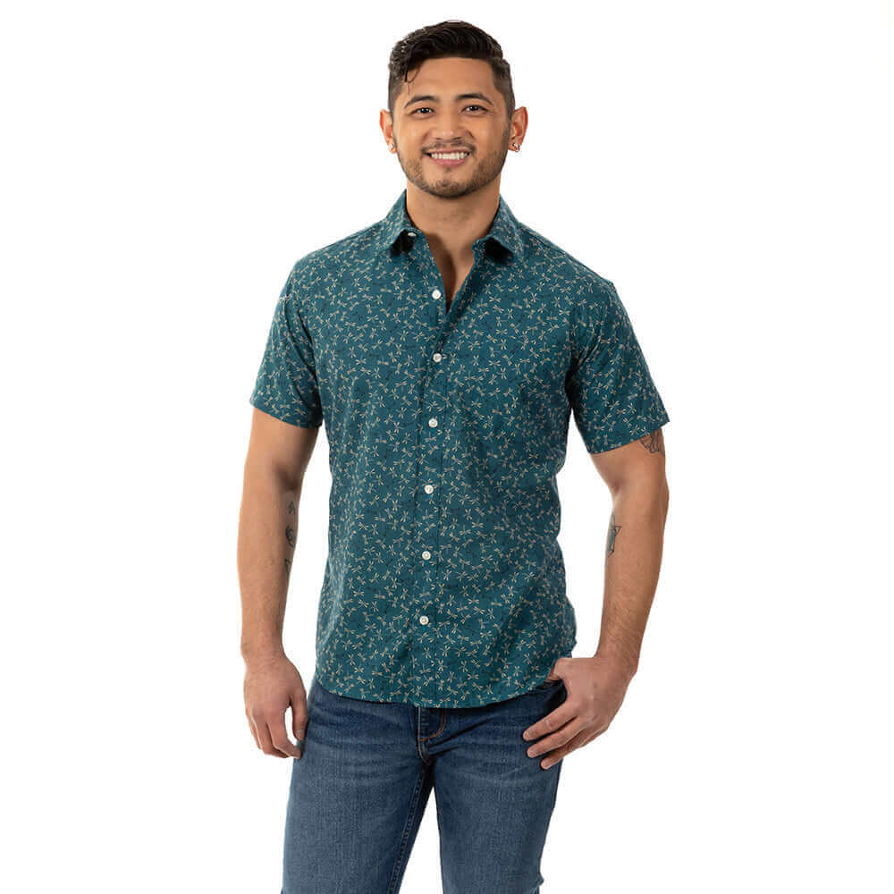 TEDDY Short Sleeve Shirt in Teal Green Japanese Dragonfly Print