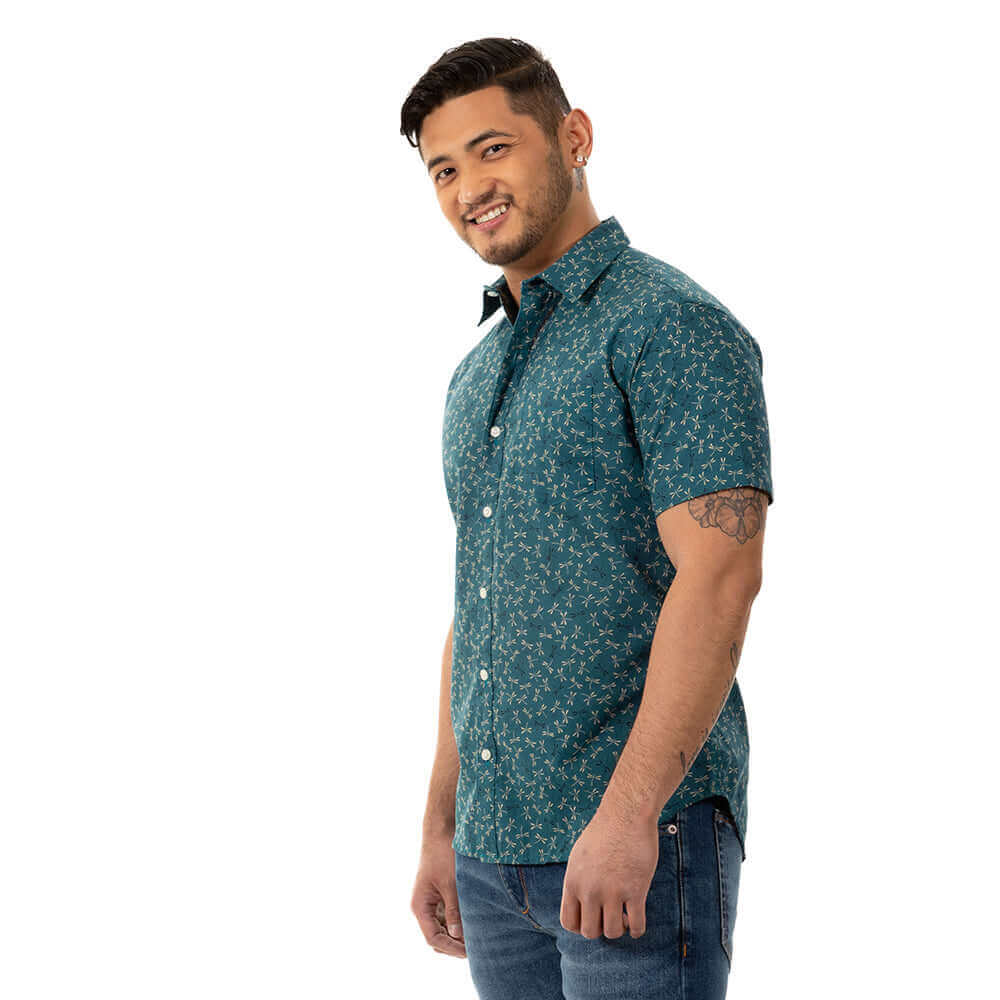 TEDDY Short Sleeve Shirt in Teal Green Japanese Dragonfly Print