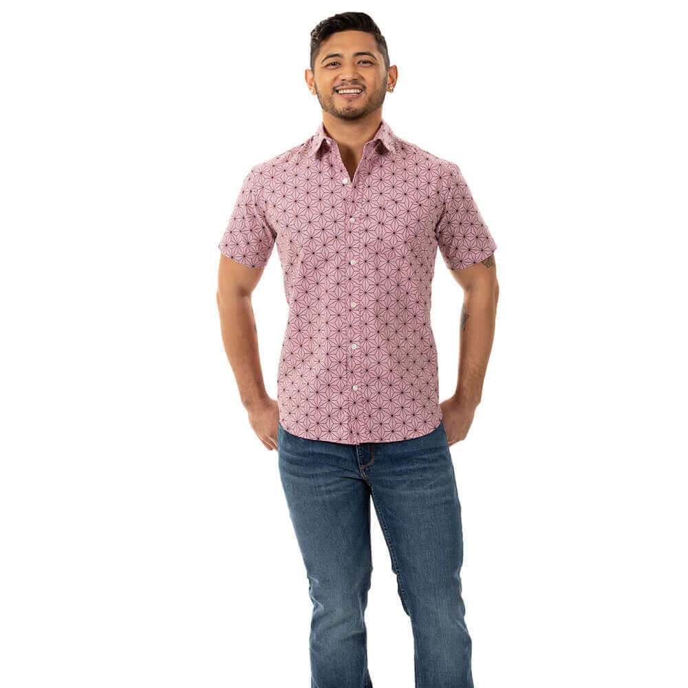 KNIGHT Short Sleeve Shirt in Pink Japanese Geometric Floral Print