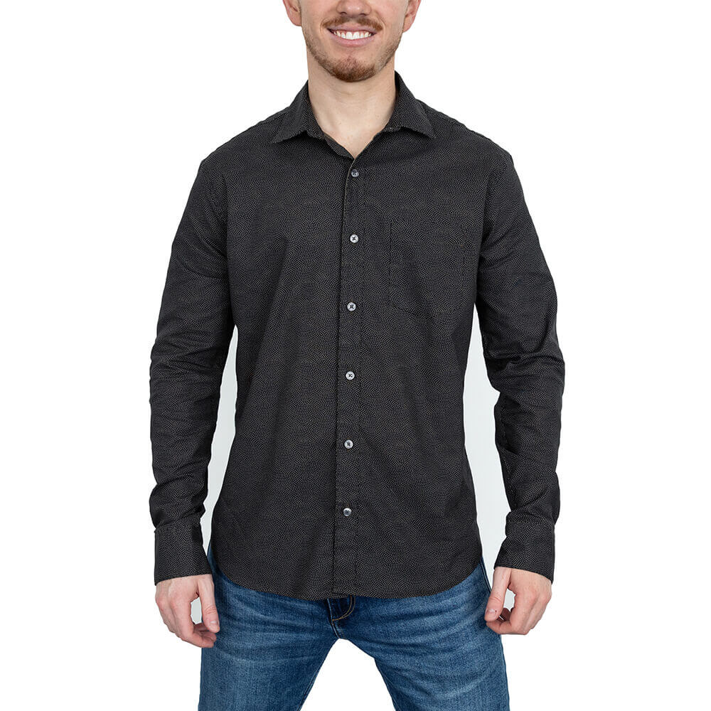 NEWMAN Long Sleeve Shirt in Navy &amp; Olive Traditional Japanese Wave Print