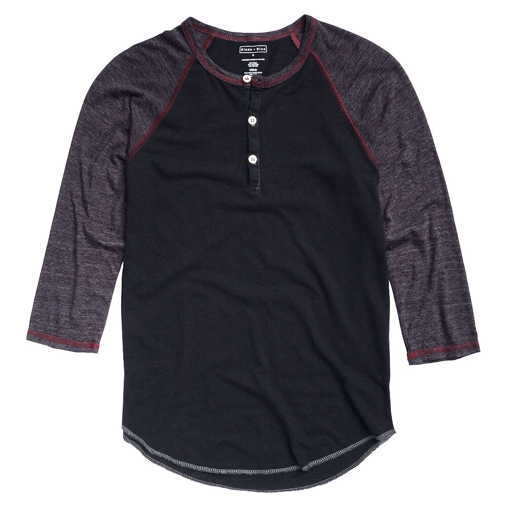 Burgundy &amp; Cranberry Contrast 3/4 Raglan Sleeve Henley - Made In USA