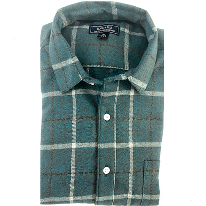 NICKELSON Long Sleeve Shirt in Brushed Cotton Teal Plaid Herringbone Weave Plaid