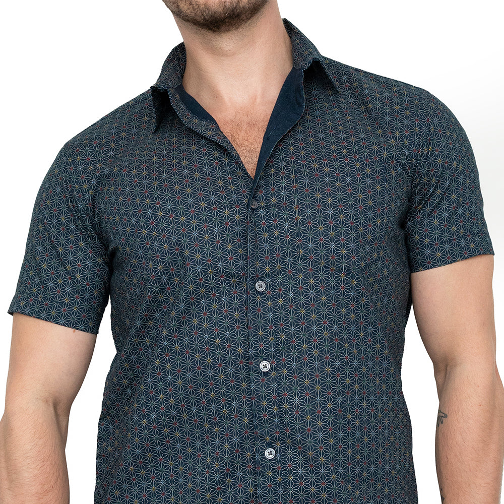 MICHAEL Short Sleeve Shirt in Navy Blue Japanese Geometric Floral Print