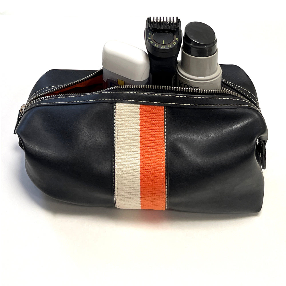 Vintage Striped Leather Dopp Kit Toiletry Bag