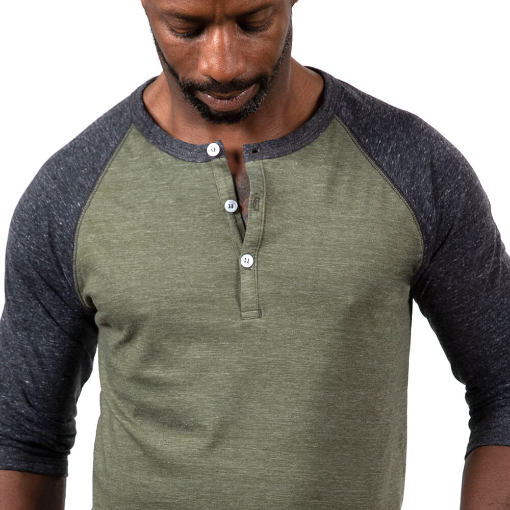 Olive &amp; Charcoal Grey Contrast 3/4 Raglan Sleeve Tri-Blend Henley Shirt