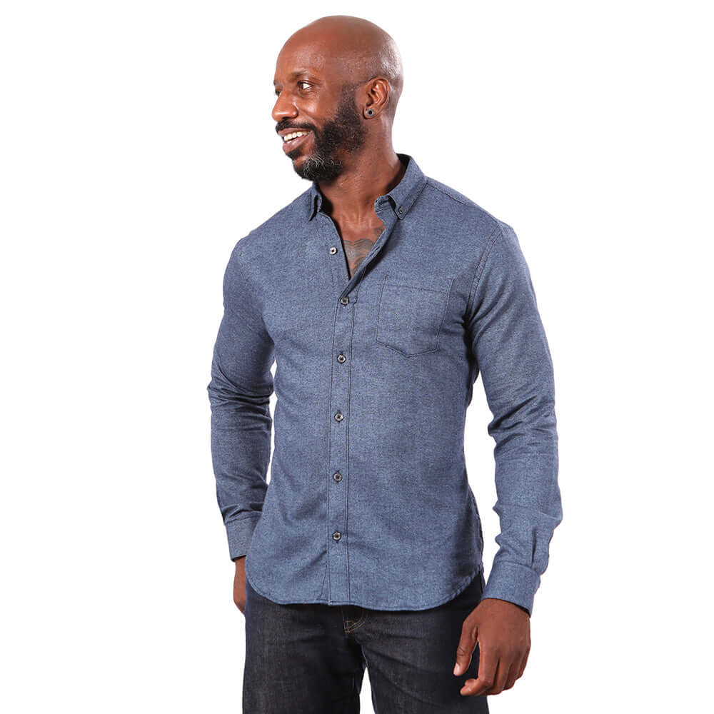 GAVIN Brushed Cotton Long Sleeve Shirt in Indigo Blue Melange