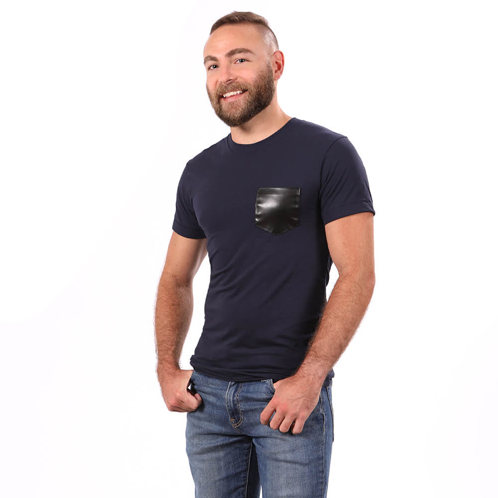 Navy with Black Faux Leather Pocket T-Shirt