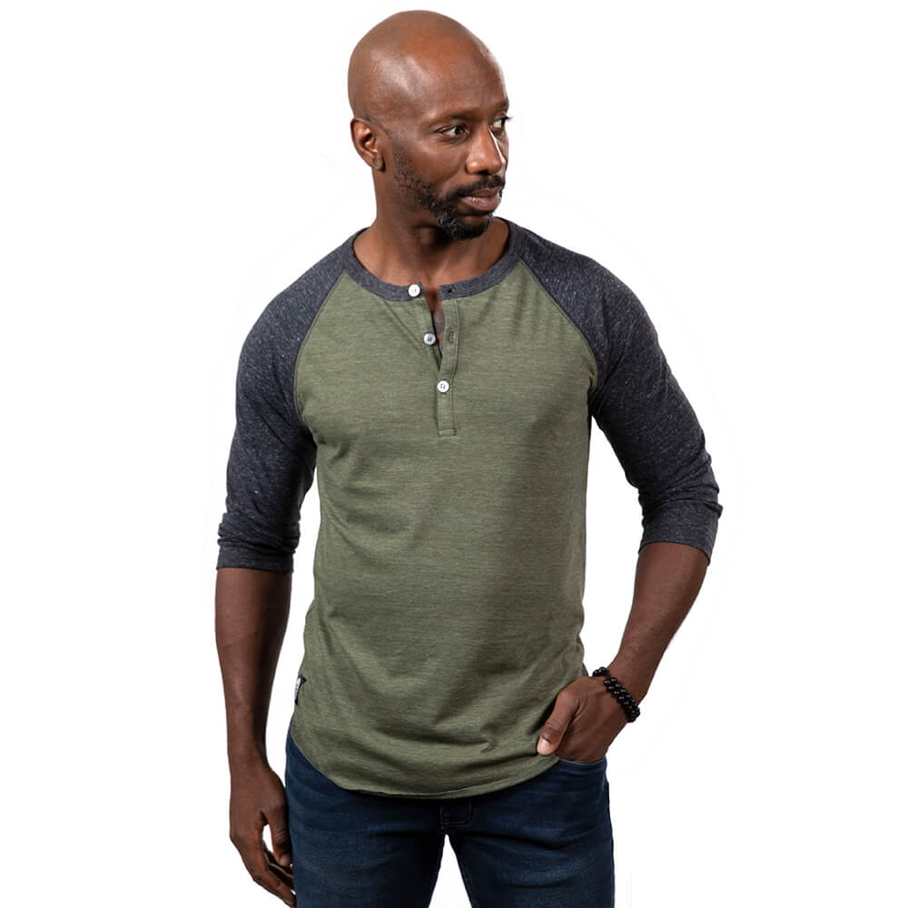 Olive &amp; Charcoal Grey Contrast 3/4 Raglan Sleeve Tri-Blend Henley Shirt