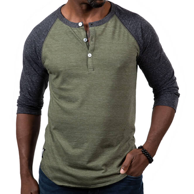 Olive &amp; Charcoal Grey Contrast 3/4 Raglan Sleeve Tri-Blend Henley Shirt