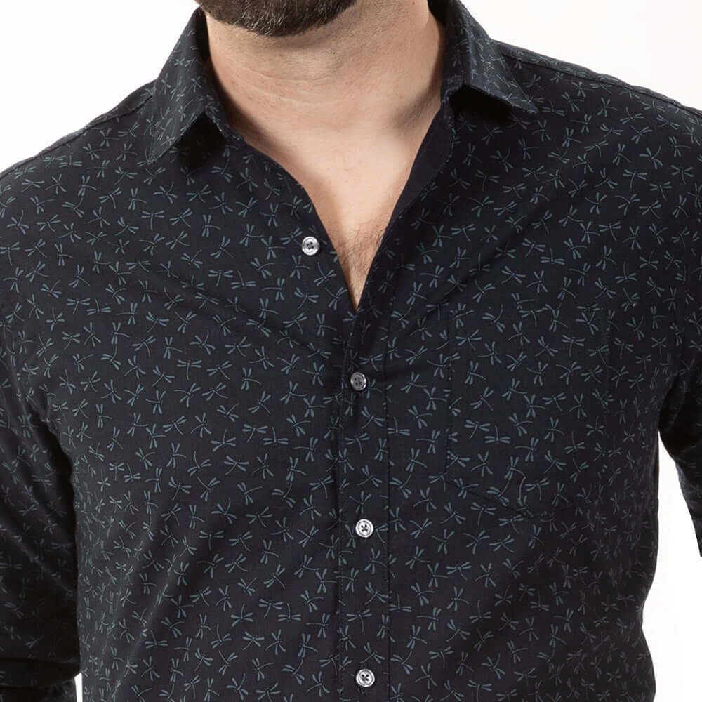 GOODEN Long Sleeve Shirt in Tonal Navy Dragonfly Print