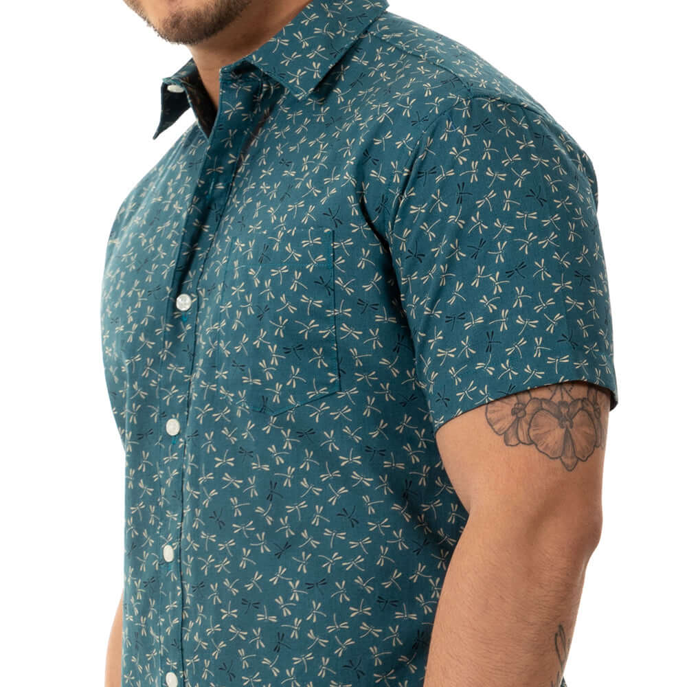 TEDDY Short Sleeve Shirt in Teal Green Japanese Dragonfly Print