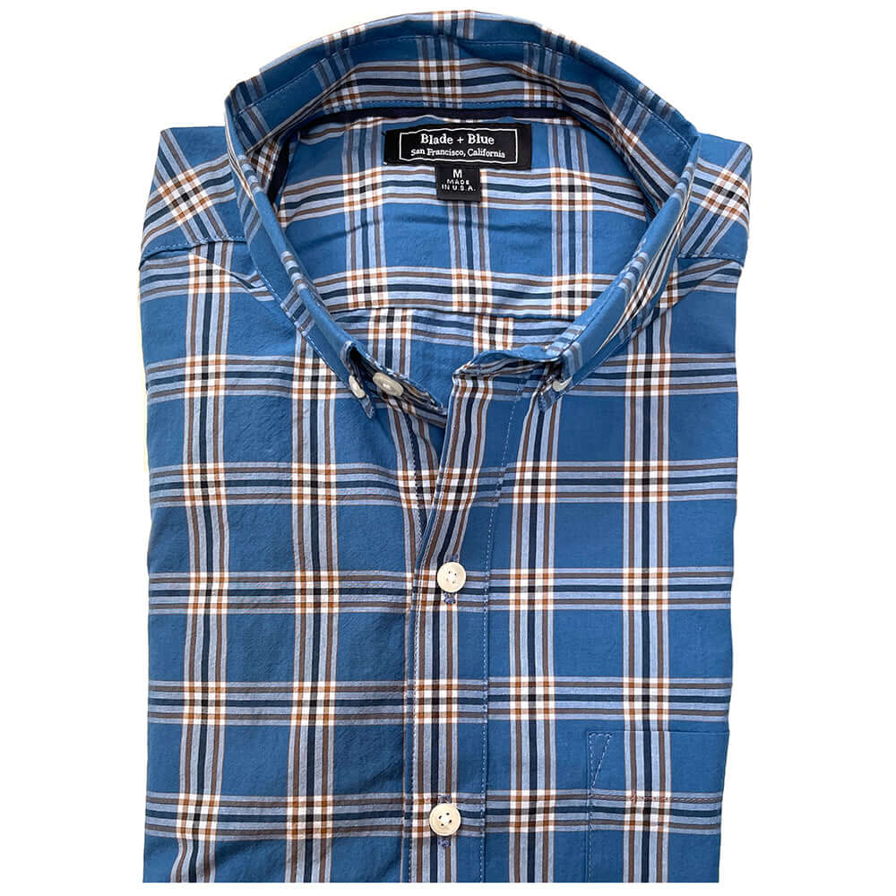 KINER Cotton Poplin Long Sleeve Shirt in Blue, White With Caramel Plaid