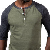 Olive & Charcoal Grey Contrast 3/4 Raglan Sleeve Tri-Blend Henley Shirt