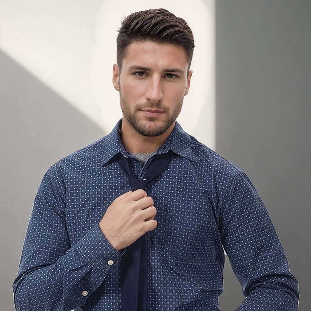 MARCUS Long Sleeve Shirt in Blue Geometric Grid