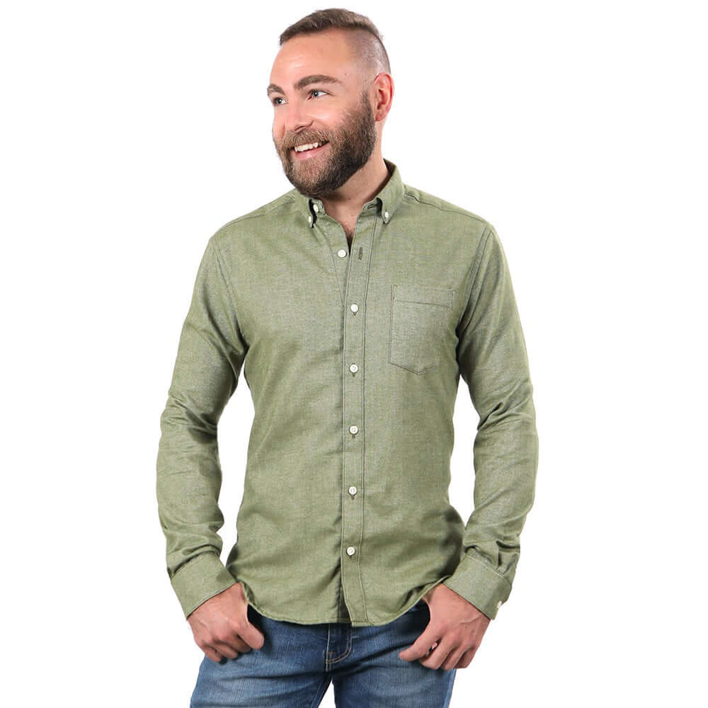 McCOY Brushed Cotton Long Sleeve Shirt in Olive Melange