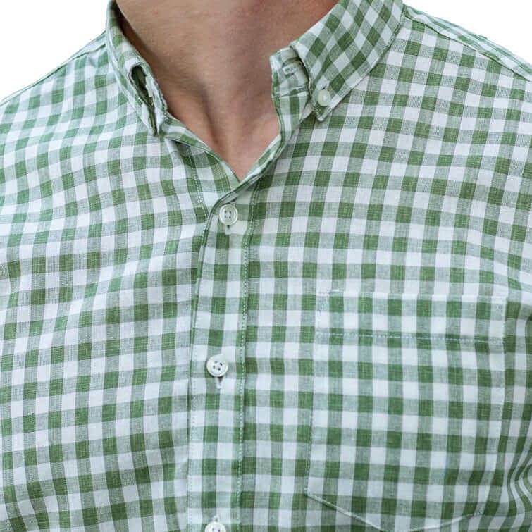 McNEIL Short Sleeve Shirt in Sage Green White Gingham Check Blade Blue