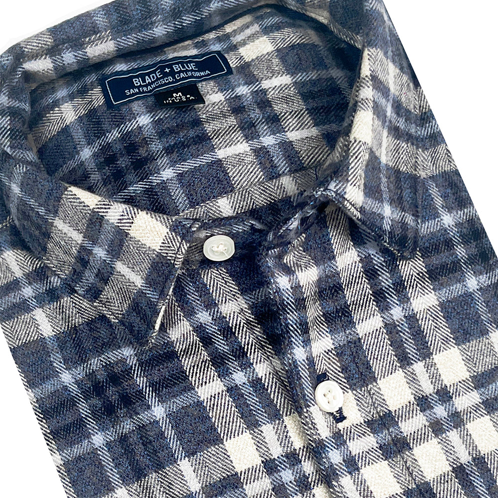 RICHMOND Long Sleeve Shirt in Brushed Cotton Blue &amp; White Herringbone Weave Plaid