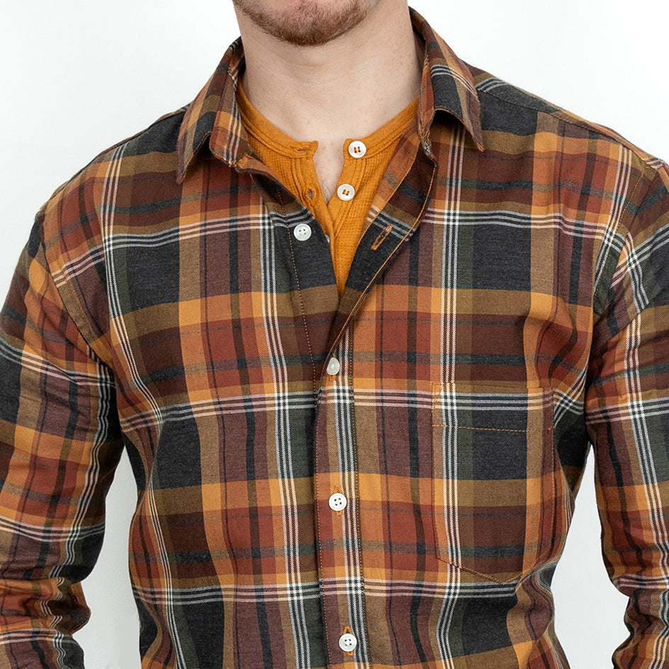 ISAAC Long Sleeve Shirt in Brushed Cotton Earthtone Plaid