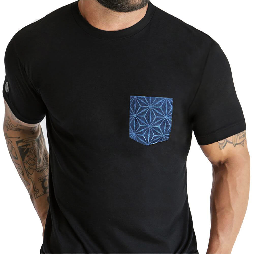 Black with Blue Japanese Starburst Print Pocket T-Shirt