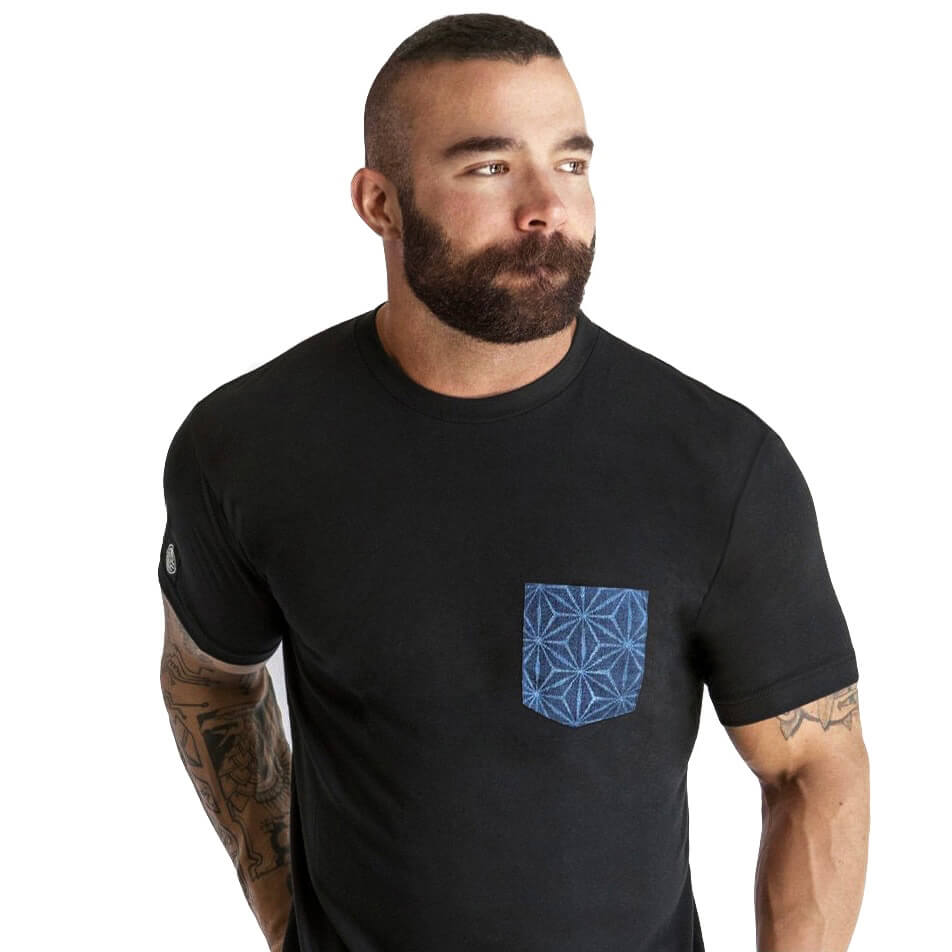 Black with Blue Japanese Starburst Print Pocket T-Shirt