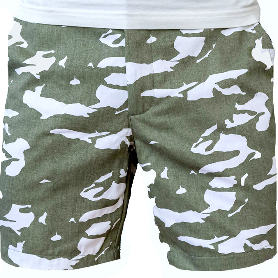 Olive &amp; White Abstract Tiger Stripe Japanese Print Cotton Shorts - Made in USA