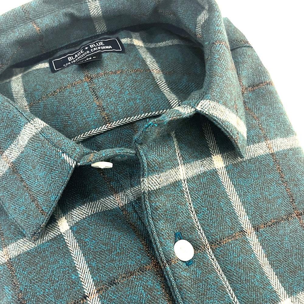 NICKELSON Long Sleeve Shirt in Brushed Cotton Teal Plaid Herringbone Weave Plaid