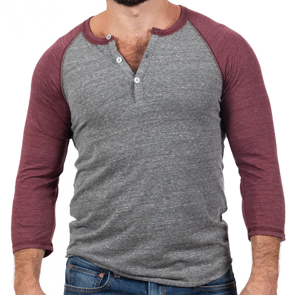 Olive & Charcoal Grey Contrast 3/4 Raglan Sleeve Tri-Blend Henley - Made In  USA
