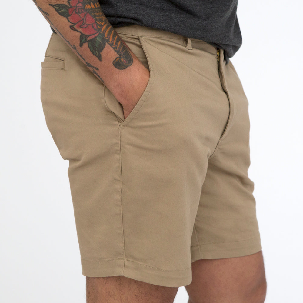 Khaki Cotton Stretch Twill Shorts - Made In USA