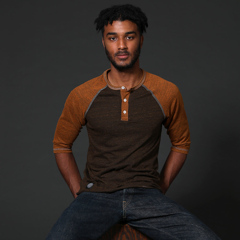 Camel &amp; Chocolate Contrast 3/4 Raglan Sleeve Henley (XL &amp; XXL Available)