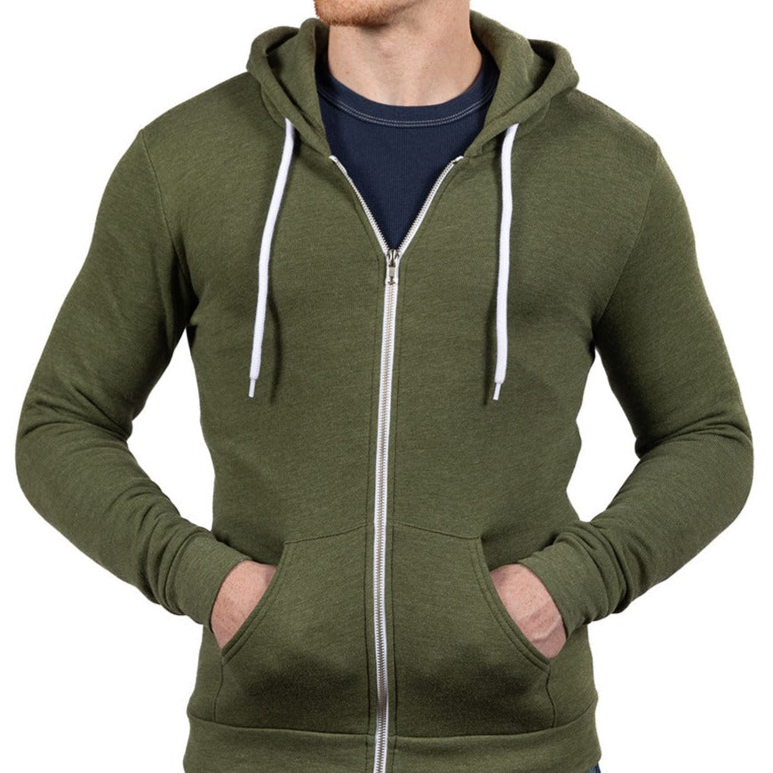 Olive green zip clearance hoodie