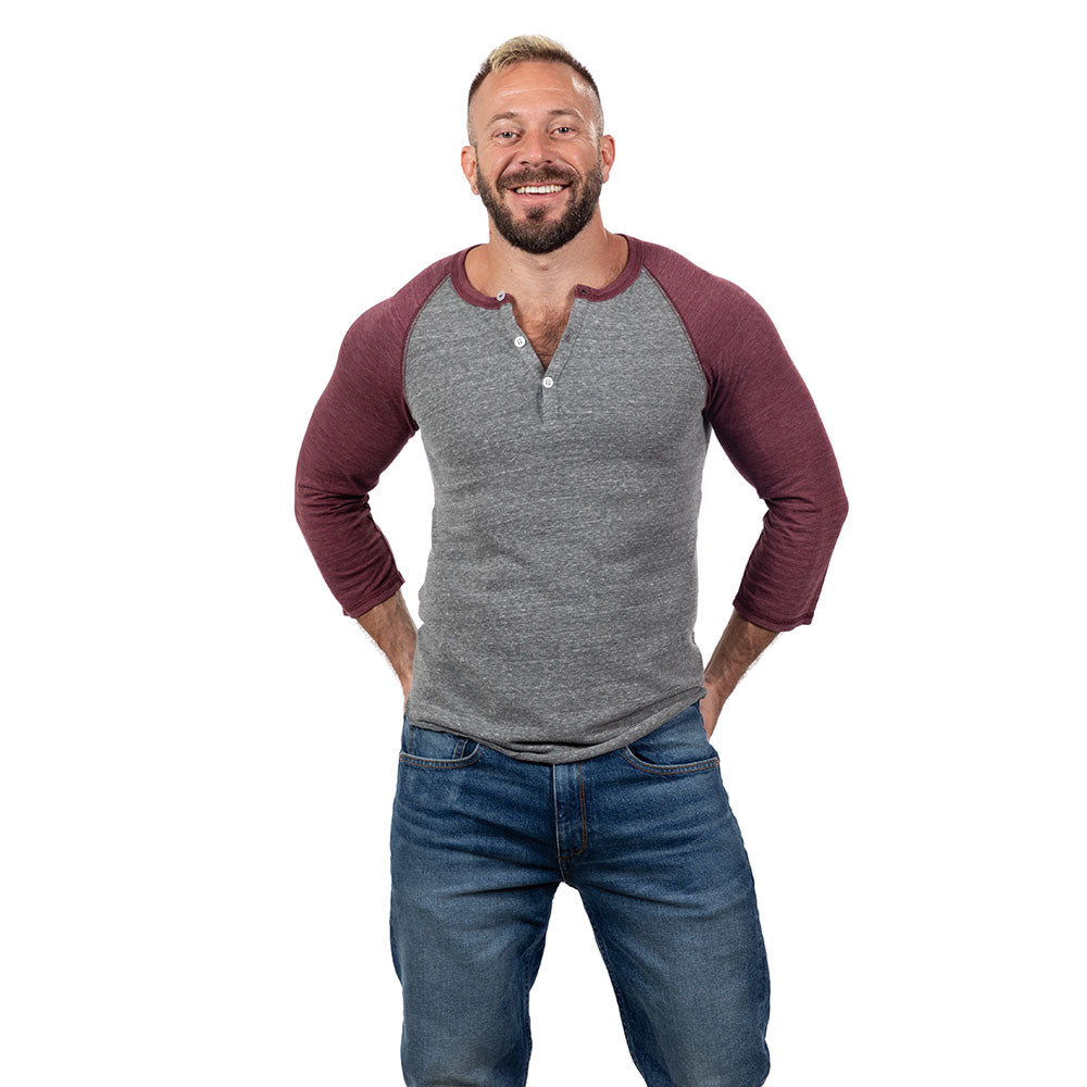 75% OFF AFTER CODE CRAZY30: Burgundy & Heather Grey Contrast 3/4 Raglan  Sleeve Tri-Blend Henley - Made In USA