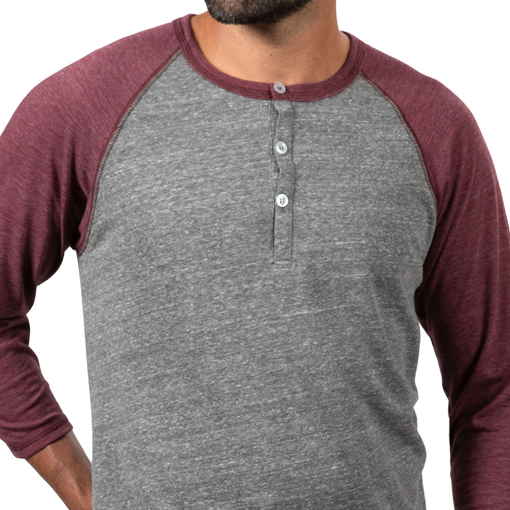 75% OFF AFTER CODE CRAZY30: Burgundy & Heather Grey Contrast 3/4 Raglan  Sleeve Tri-Blend Henley - Made In USA