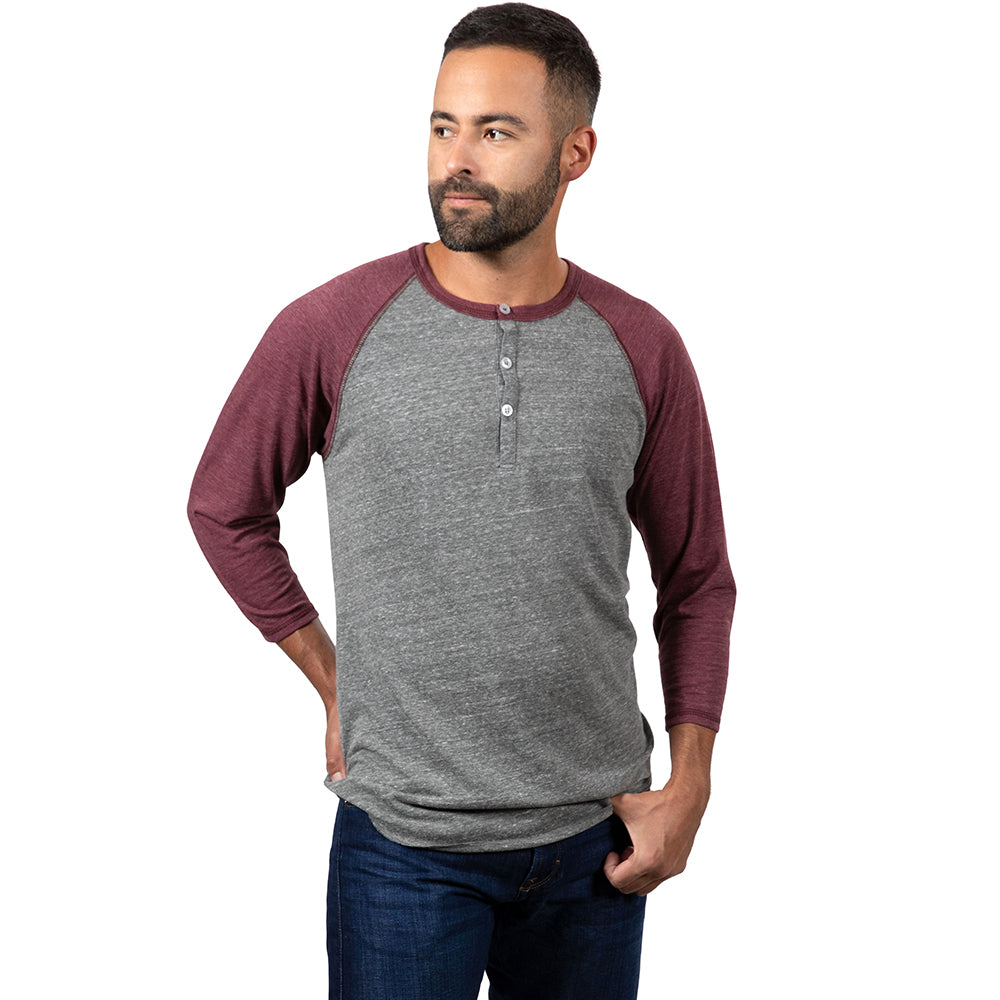 75% OFF AFTER CODE CRAZY30: Burgundy & Heather Grey Contrast 3/4 Raglan  Sleeve Tri-Blend Henley - Made In USA