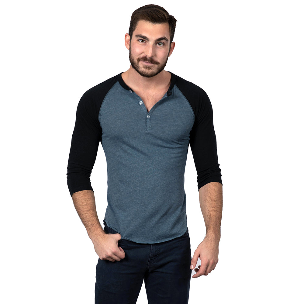 75% OFF AFTER CODE CRAZY30: Steel Blue & Black Contrast 3/4 Raglan Sleeve  Tri-Blend Henley - Made In USA