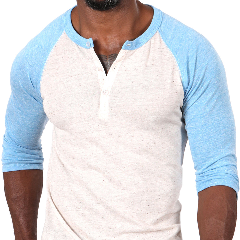 Oatmeal Heather &amp; Light Blue Contrast 3/4 Raglan Sleeve Tri-Blend Henley - Made In USA (Size XXL Remaining)