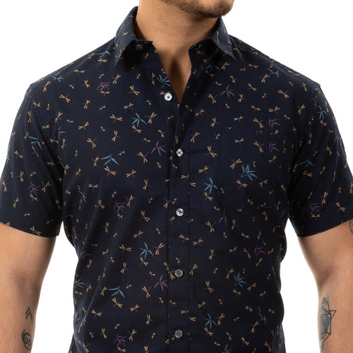 Men’s Button Up Short Sleeve Dress Shirt, Bird Print Navy / XL