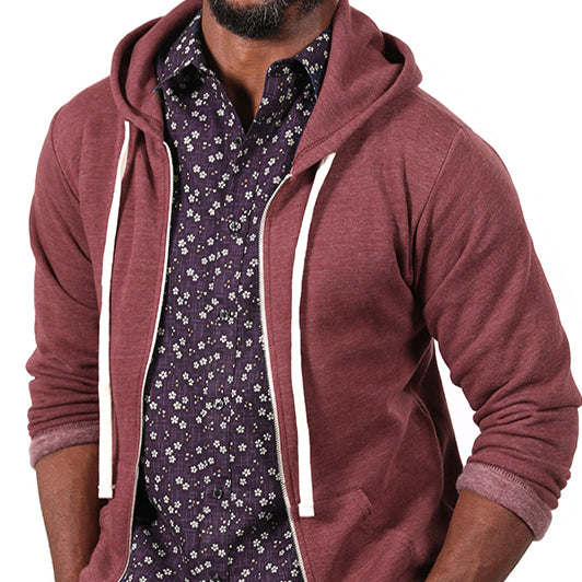 Burgundy Heather Full Zip Hooded Tri-Blend Fleece Sweatshirt - Made in USA